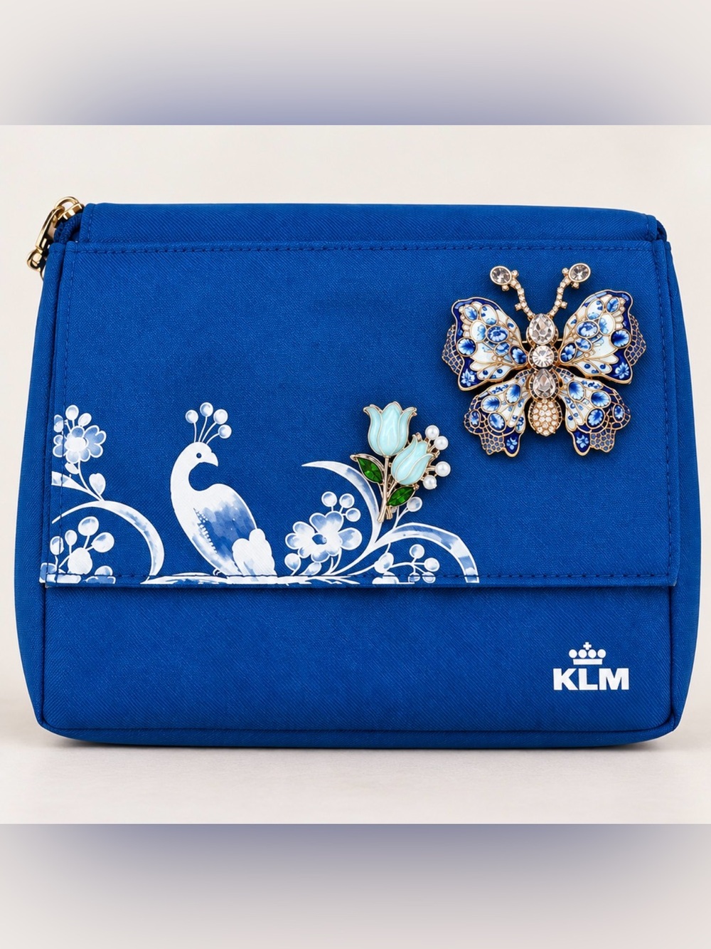 Custom Embellished KLM Amenity Pouch | Peacock & Blue Brooch Details